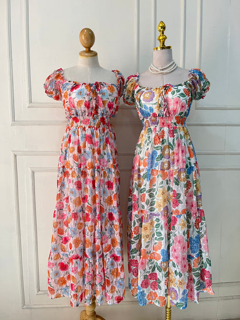 Spring Floral Square Neck Long Maxi Dress